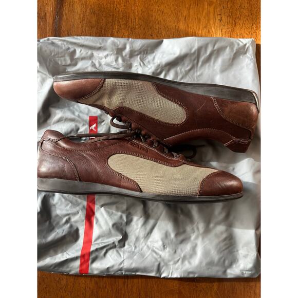 Authentic Prada Men's Size 9.5 Leather Low Trainers Brown w/Bag - Picture 8 of 14